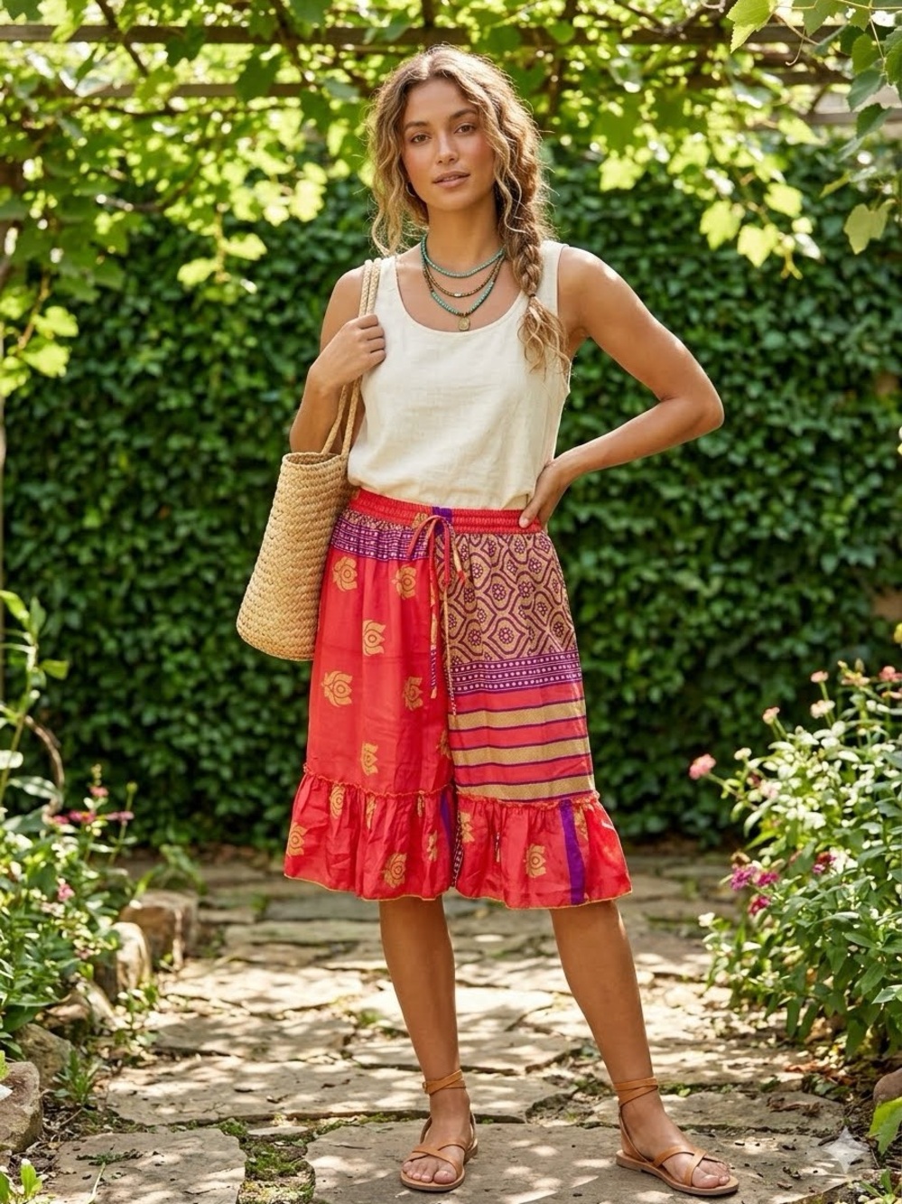 Women's Silk Red Patterned Boho Shorts